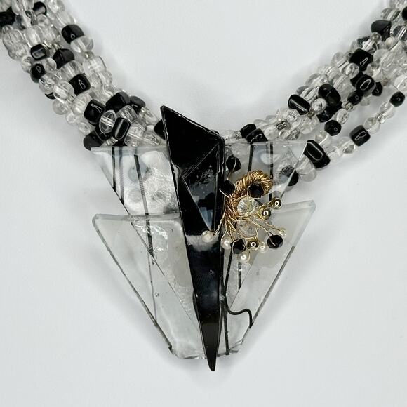 Black Clear Beaded Multi-Strand Arrow Pendant Statement Necklace ✨ - Picture 6 of 10